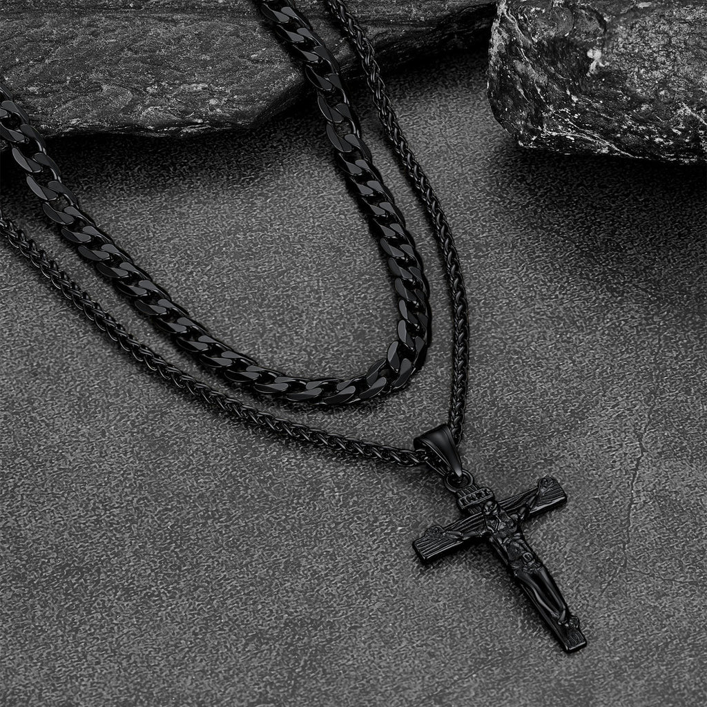 Gift for Jesus Cross & Cuban Chain Layered Necklace Set Birthday Gift