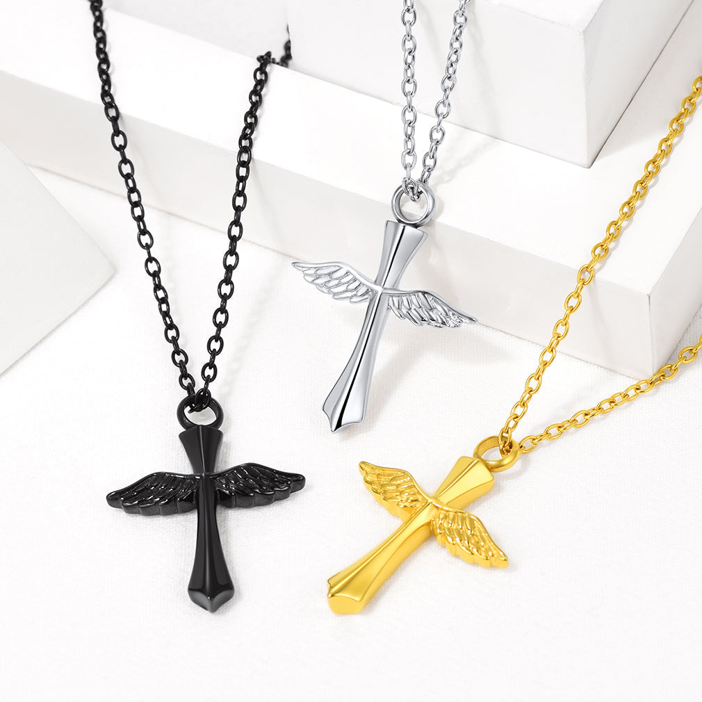 Custom Cremation Wings Cross Urn Ashes Pendant Necklace for