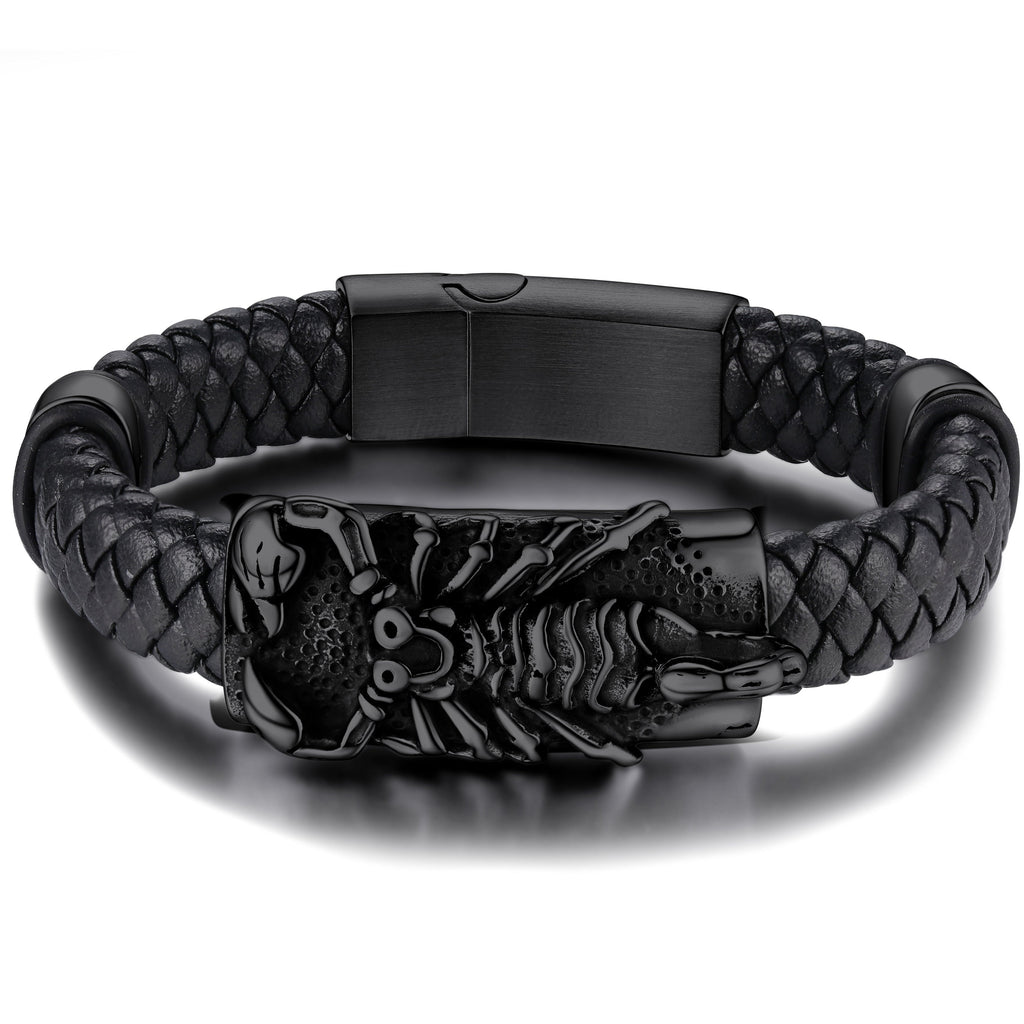Punk Scorpion Black Braided Leather Bracelet Bangle Gift for Son Grandson