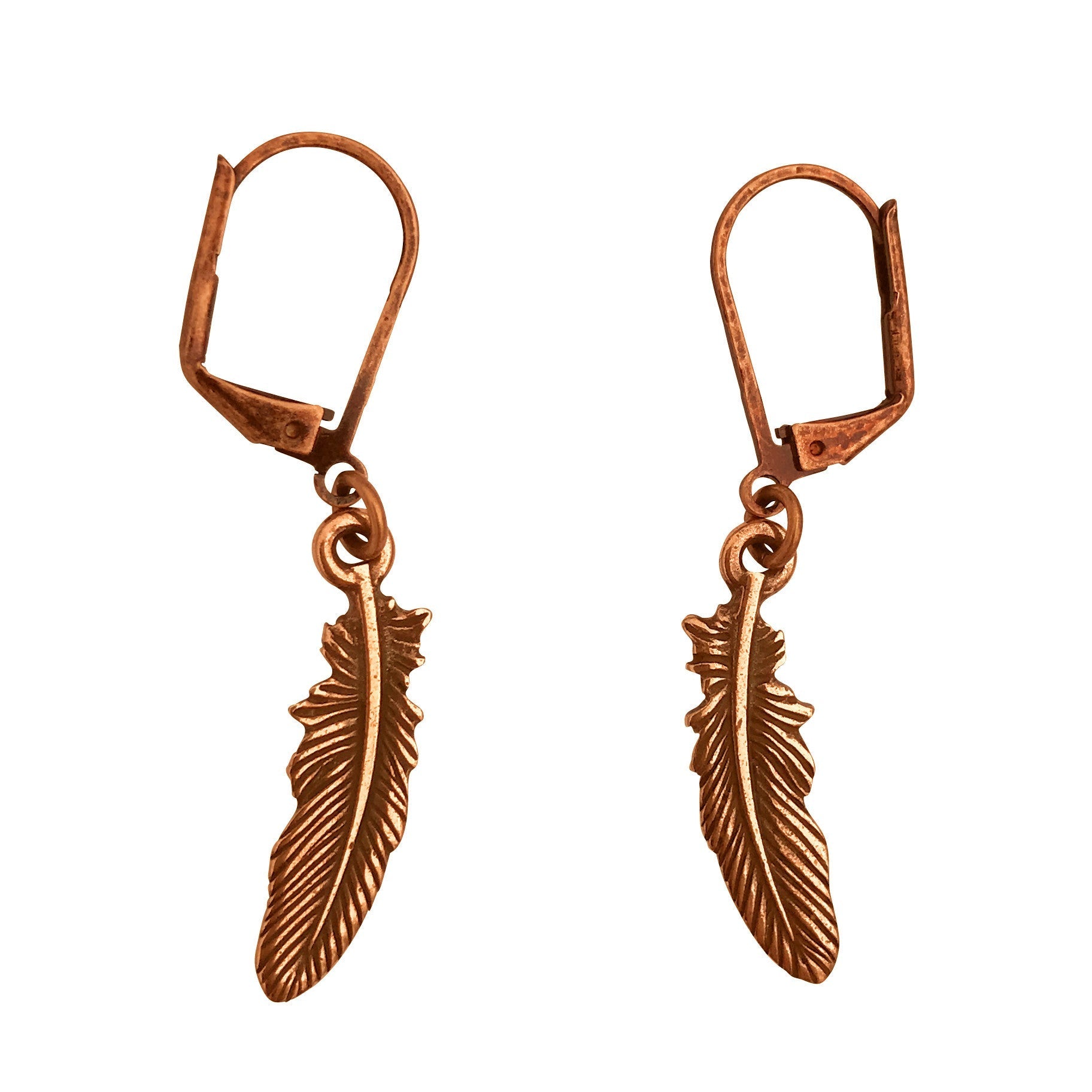 Dragonweave Feather Charm Necklace and Earring Set, Antique Copper Brown Leather Choker and Leverback Earrings
