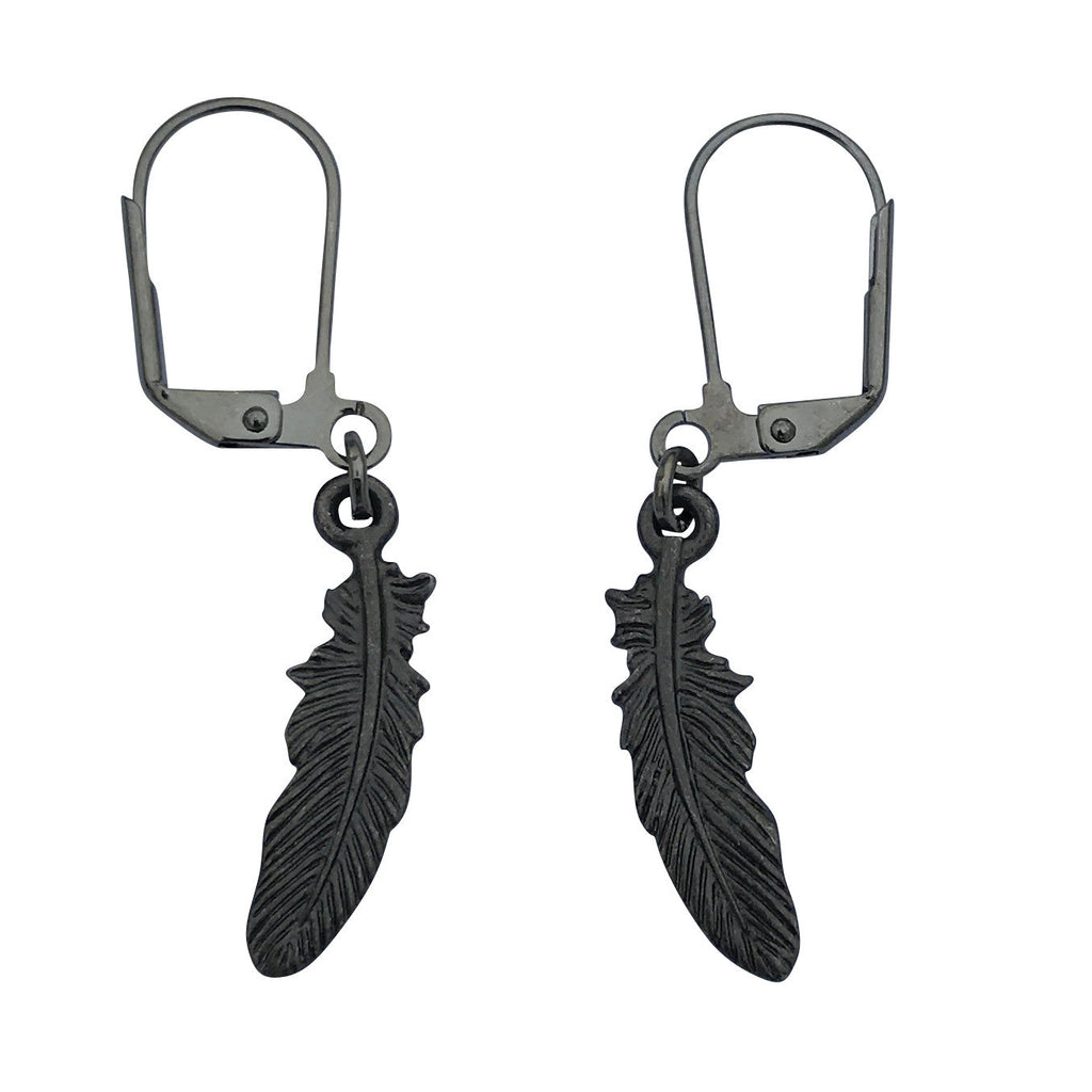Dragonweave Raven Feather Charm Necklace and Earring Set, Gunmetal Black Leather Choker and Leverback Earrings