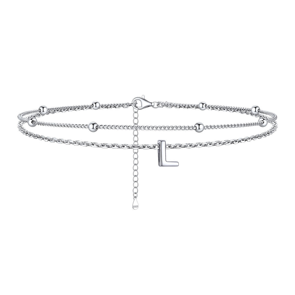 925 Sterling Silver Bead Chain Layered Initial Anklets for Girlfriend Gift
