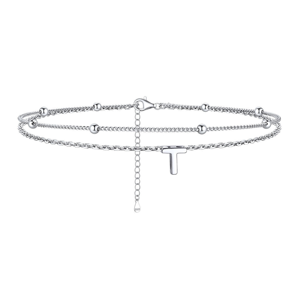 925 Sterling Silver Bead Chain Layered Initial Anklets for Girlfriend Gift