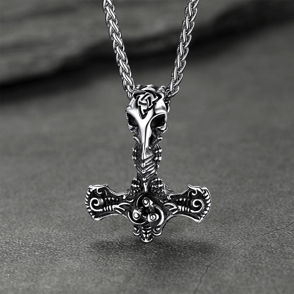 Viking Raven Thor's Hammer Mjolnir Necklace Pendant for