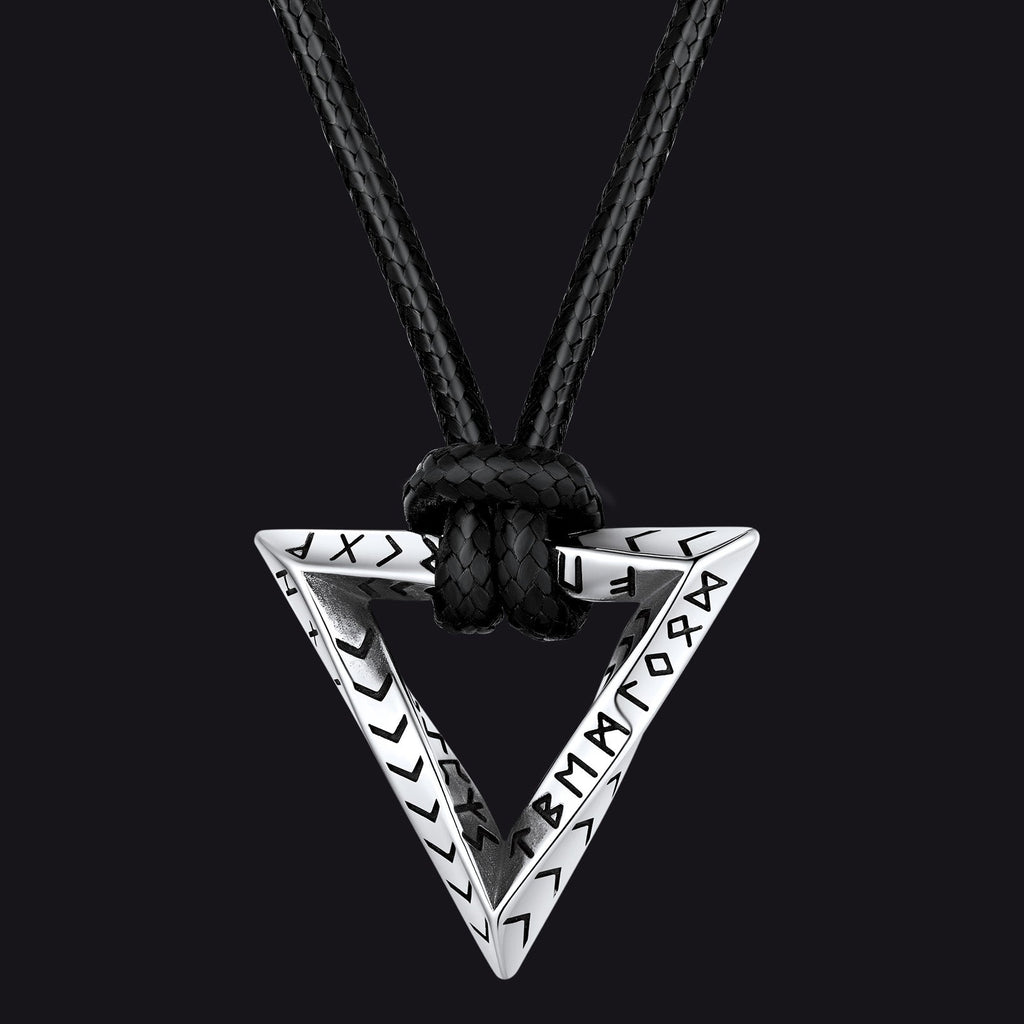 Viking Rune Mobius Triangle Pendant Necklace With Leather Chain