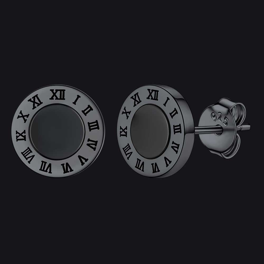 Sterling Silver Roman Numerals Black Onyx Stud Earrings