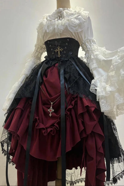 Gothic Super Jisleeve Lolita Shirt + Ruffle Skirt + Hat