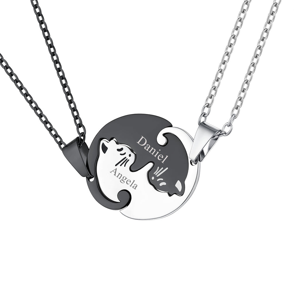 Custom Cat Matching Puzzle Necklace Engraved 2 Names Gift for Couple Girlfriend