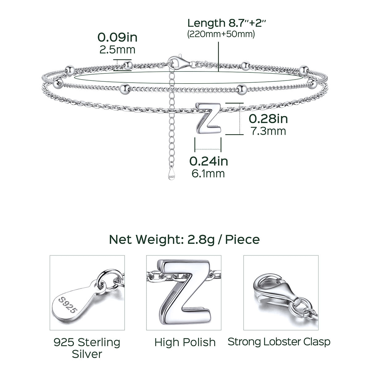 925 Sterling Silver Bead Chain Layered Initial Anklets for Girlfriend Gift