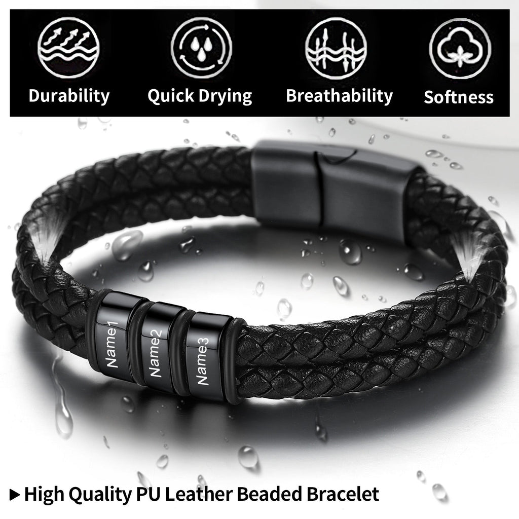 Personalized Braided Leather Bracelet With Engraved Name Beaded for