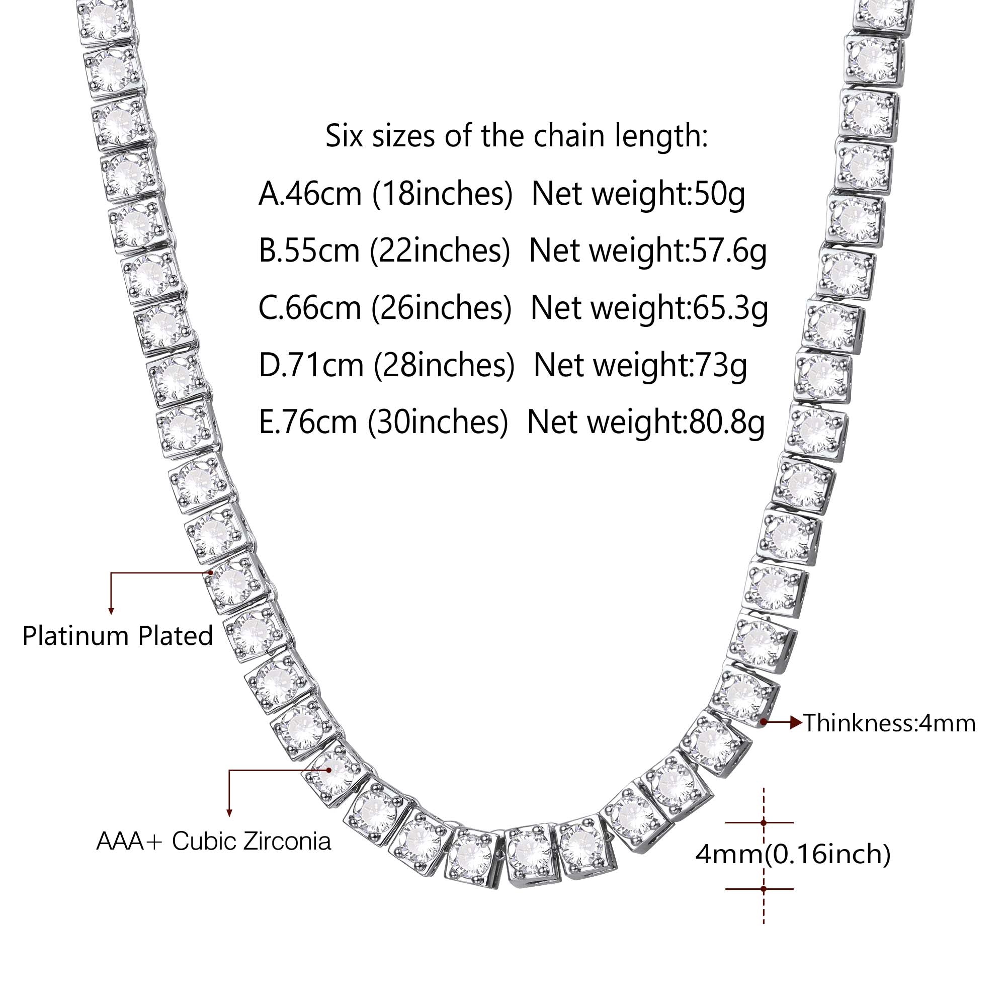 4mm Princess Cut Tennis Chain Necklace Cz Stones for