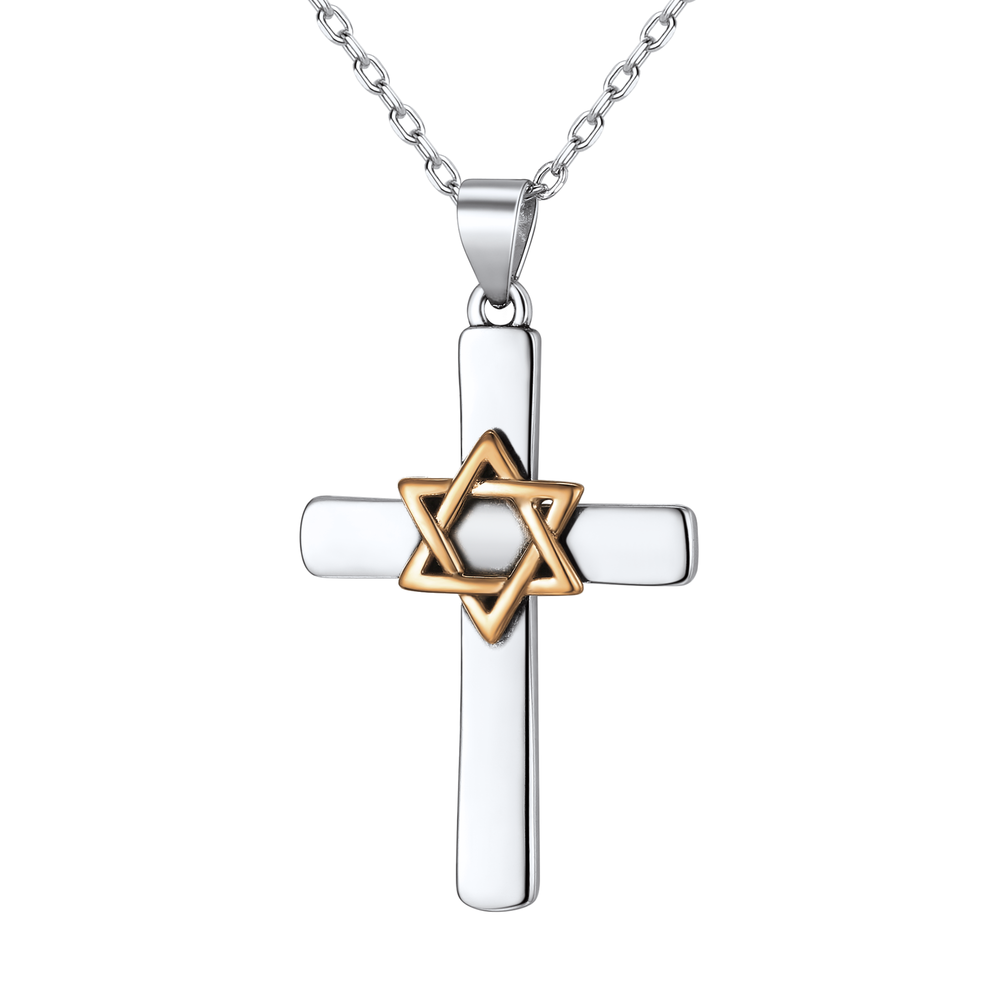 Silver Cross Star of David Pendant Necklace for