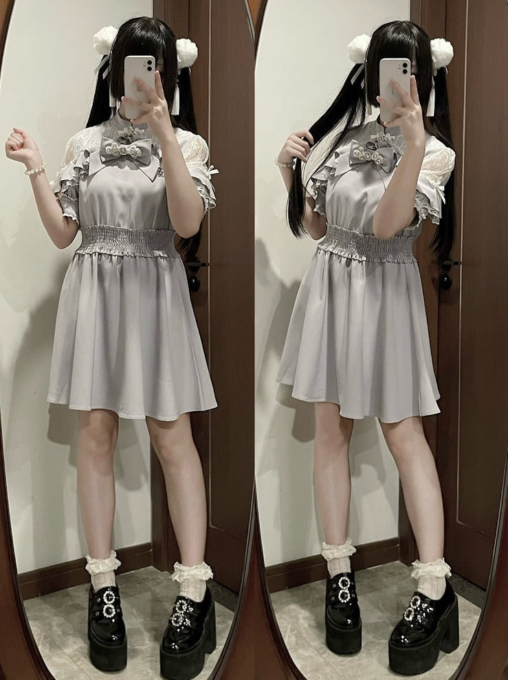 Chinese-style Lace Ribbon Off-shoulder Dress