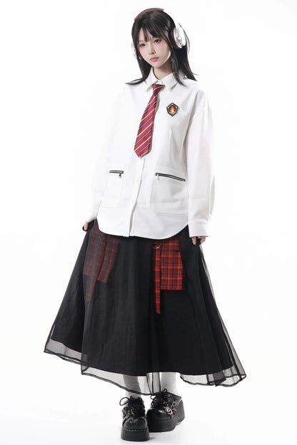 College Knit Vest + Shirt + Long Skirt + Pants + Tie