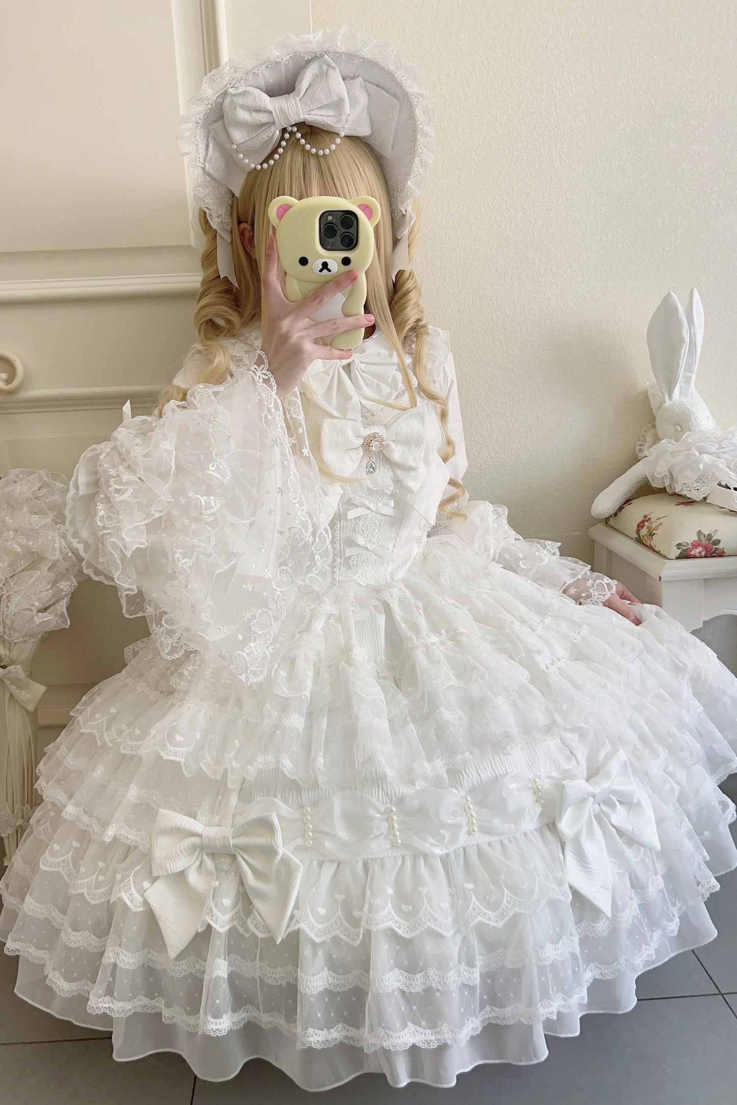 [pre-order] White Sugar Doll Princess Sleeve Suspender Dress Suit + Bonnet Hat