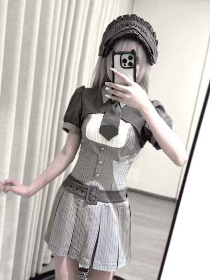 [pre-order Deadline: April 15] Gray Pinstripe Tie Collar Short Jacket Dress Full Set + Jewel Casquette