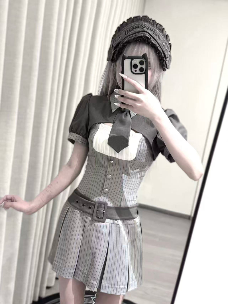[pre-order Deadline: April 15] Gray Pinstripe Tie Collar Short Jacket Dress Full Set + Jewel Casquette