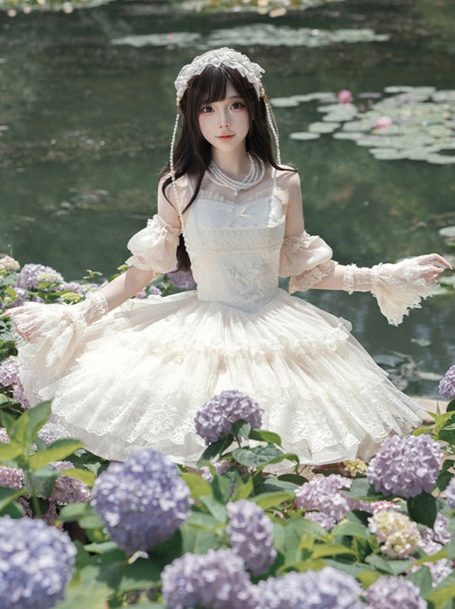 [pre-order] Pure White Girly Lolita Dress + Cardigan + Inner Top + Veil + Sleeves