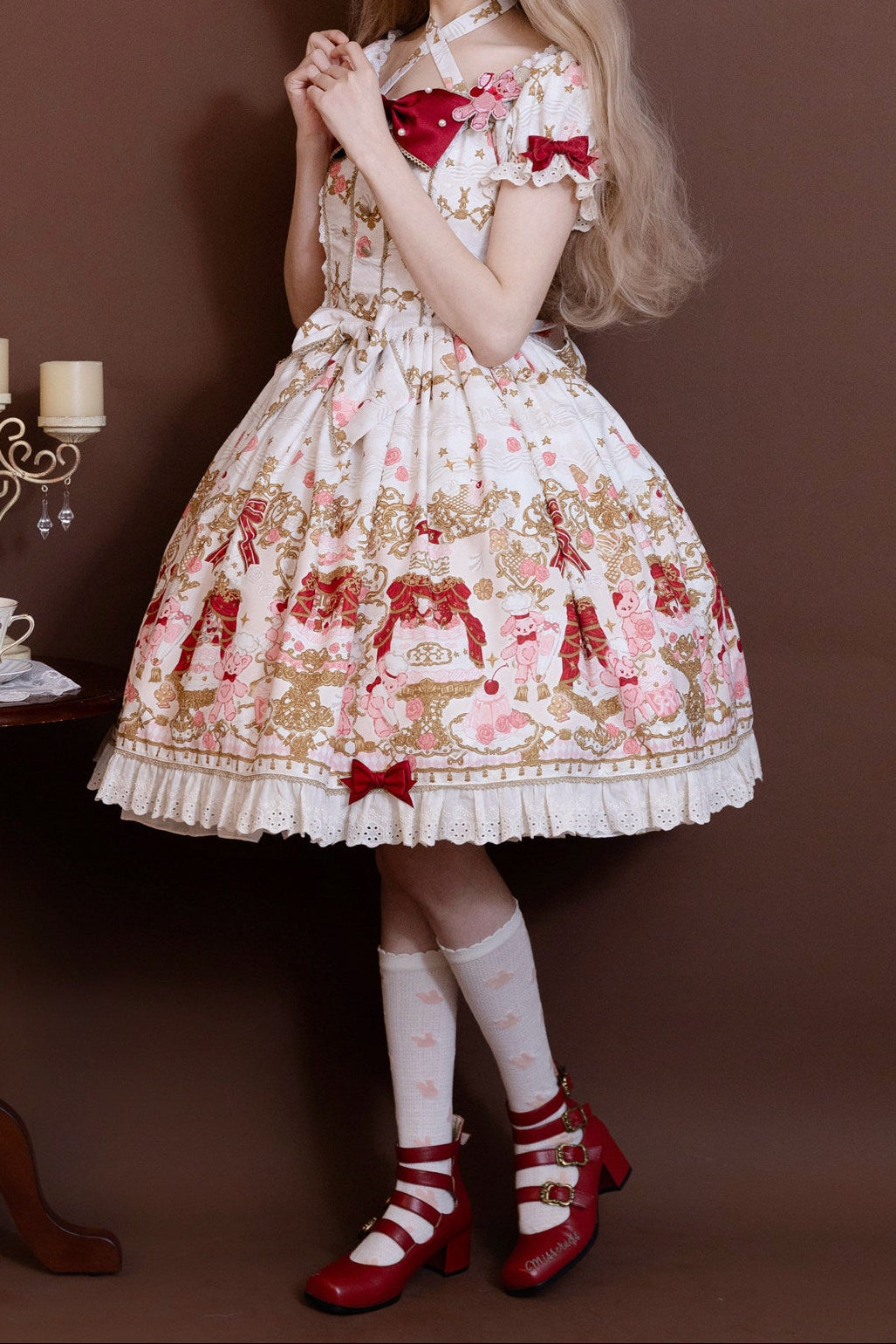 [pre-order Deadline: April 26] Retro Romance Sweet Lolita Ribbon Cake Print Halter Neck Dress