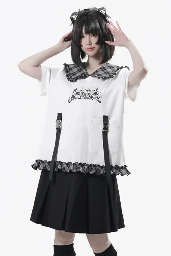 Lapel Checkered Collar Top + Skirt + Pants + Leg Warmers