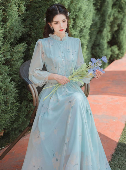 Retro Flower Stand Collar Dress