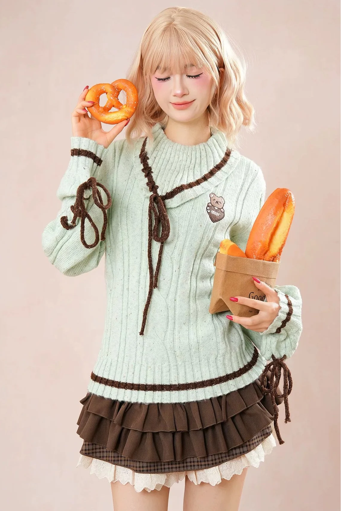 Mint Bear Knit Top + Tiered Skirt