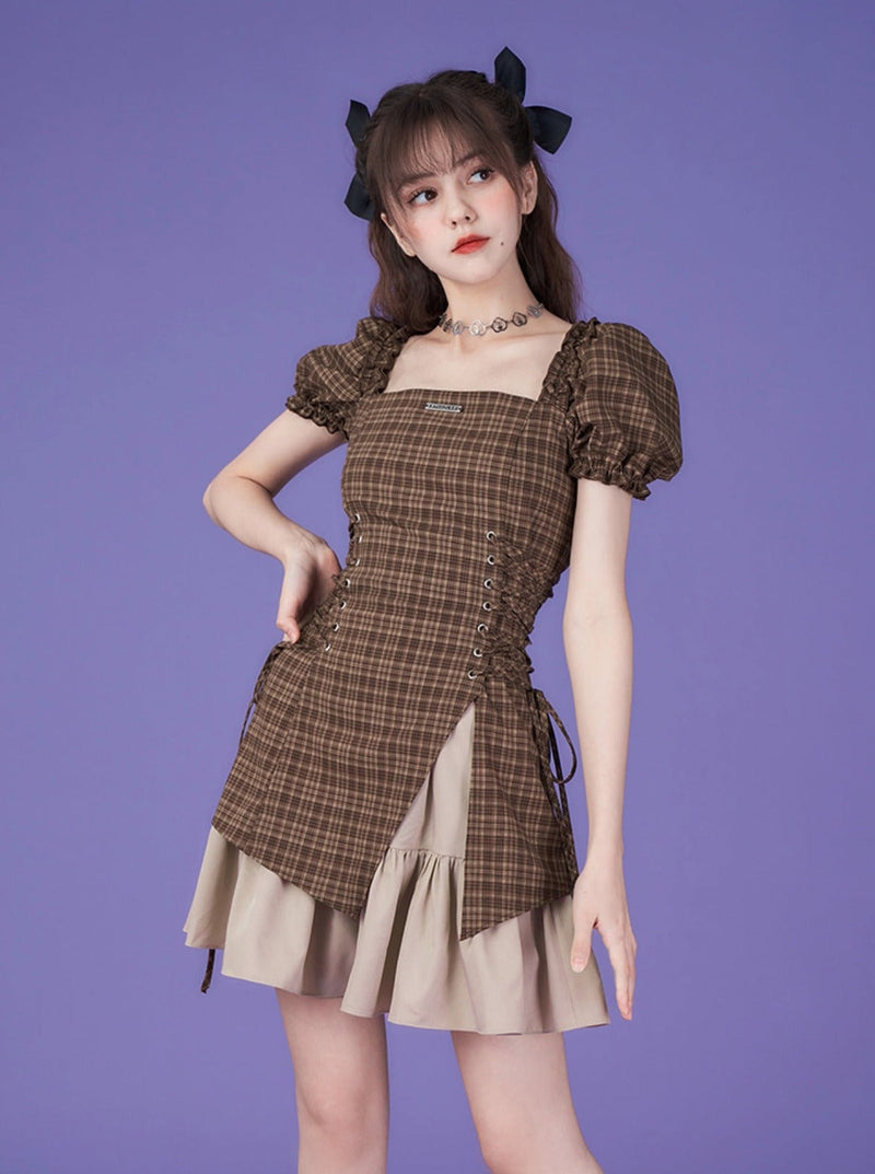 Pure Cool Design Coffee Color Plaid Dress