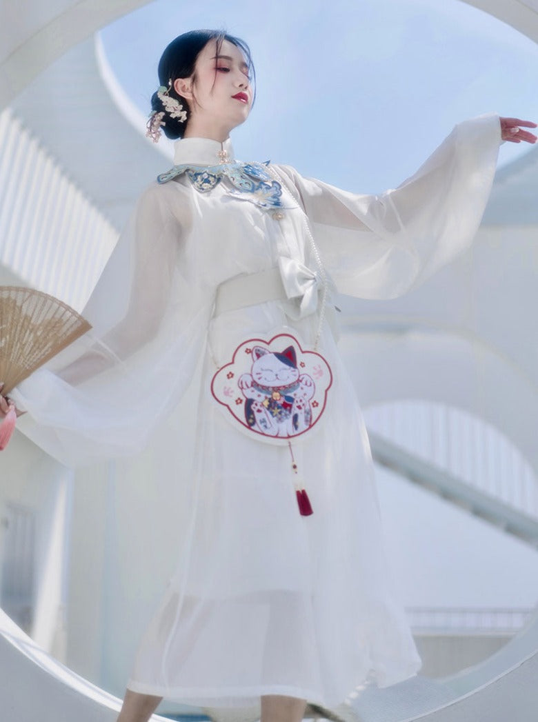 Waist Belt Sheer Stand Collar Puff Sleeve Dress