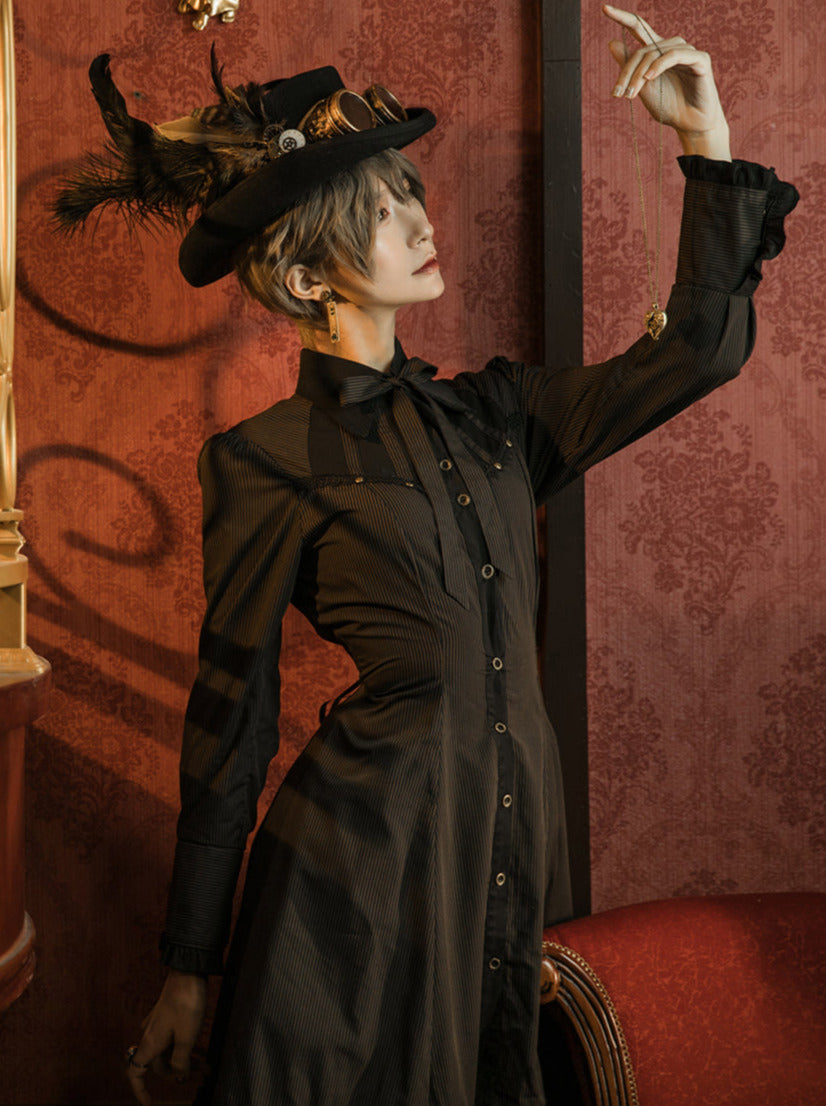 Steam Continental Ruffle Black Coffee Pinstripe Shirt Dress