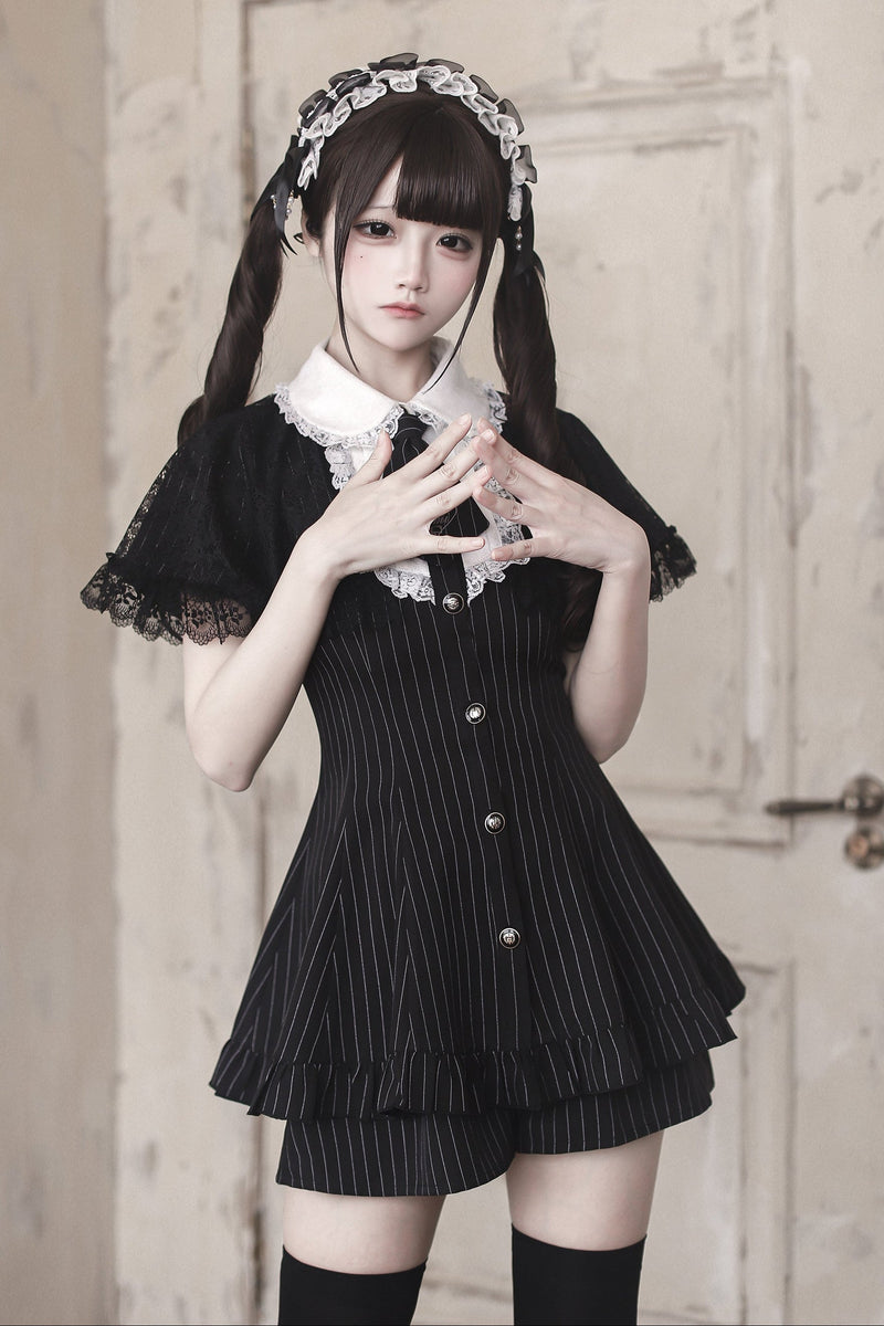 [reservation Deadline: May 15] Black Pinstripe Lace Cape Design Thai Collar Dress Suit Full Set + Accessories