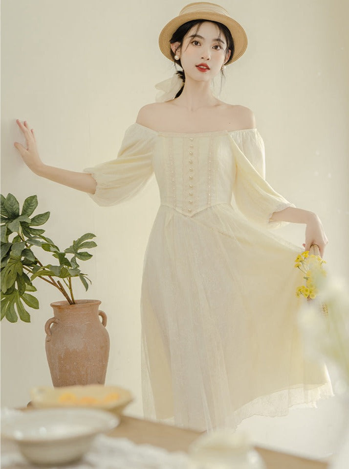 French Square Neck Lantern Sleeve Dress