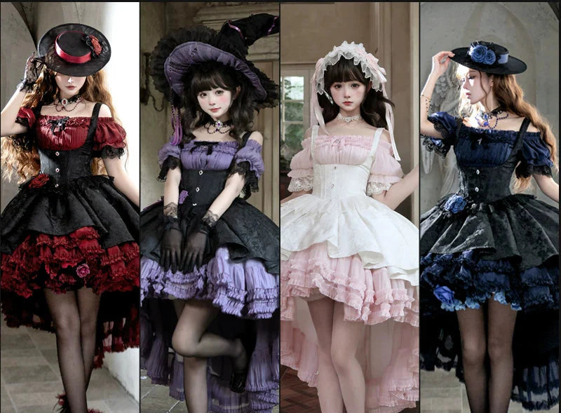 [pre-order Deadline: April 28] Purple X Black Gothic Lolita Corset Layered Jsk Dress + Off-shoulder Lace Puff Top