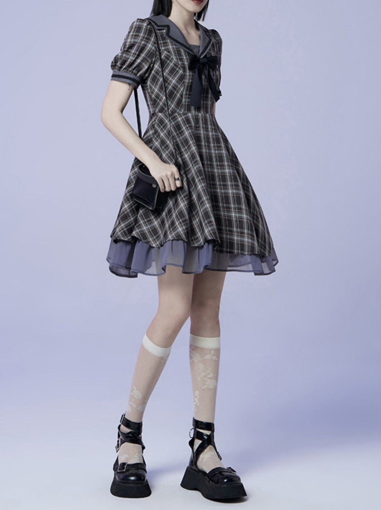 Plaid Bow Sailor Layered Dress
