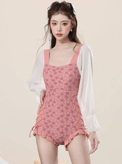 Salmon Pink Square Neckline Swimsuit