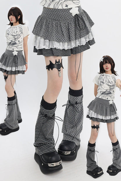 Y2k Mixed Pattern Tiered Skirt + Leg Sleeves