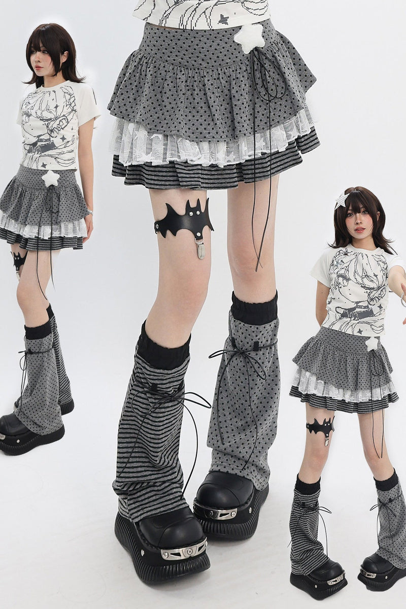 Y2k Mixed Pattern Tiered Skirt + Leg Sleeves