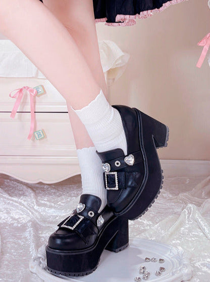 Jewel Pointed Toe Loafer Platform Shoes [enamel Black/matte Black]