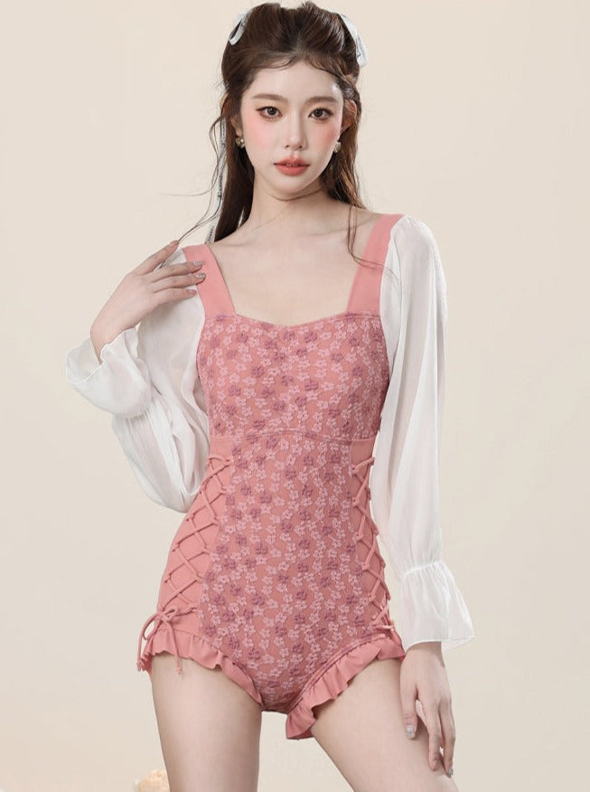 Salmon Pink Square Neckline Swimsuit