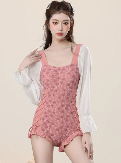 Salmon Pink Square Neckline Swimsuit