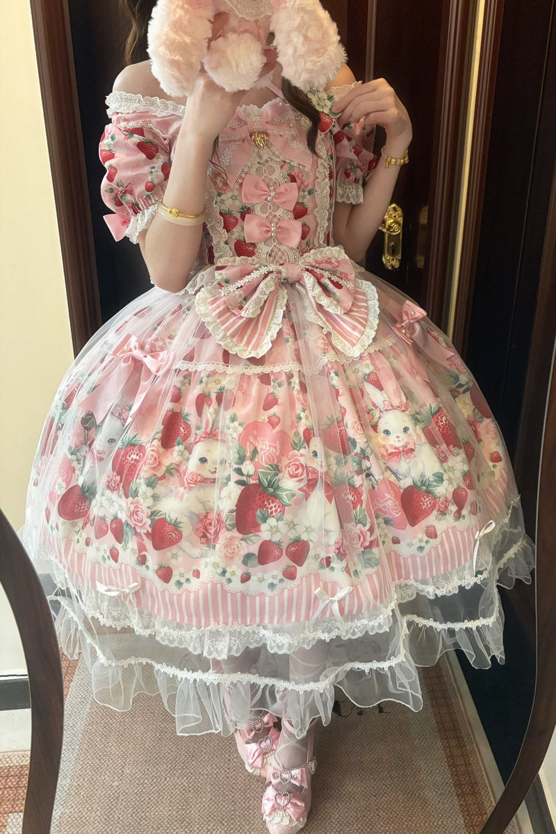 [pre-order Deadline: April 29] Strawberry Rabbit Print Lace Ribbon Sweet Dress + Complete Set