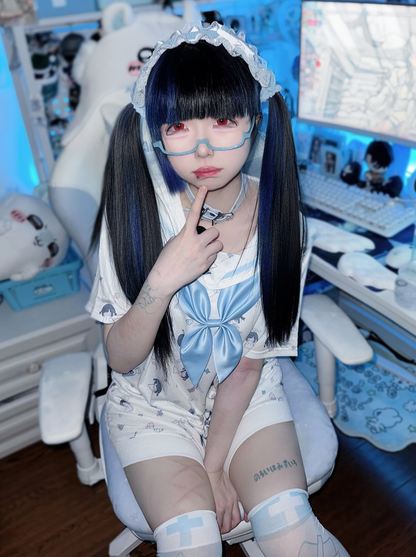 Sailor Aqua Blue Necktie Badge Print Dress