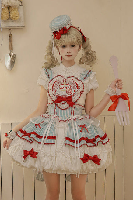 [pre-order Deadline: April 3] Twin Tiered Lolita Dot Ribbon Striped Dress + Flower Bud Skirt Dress