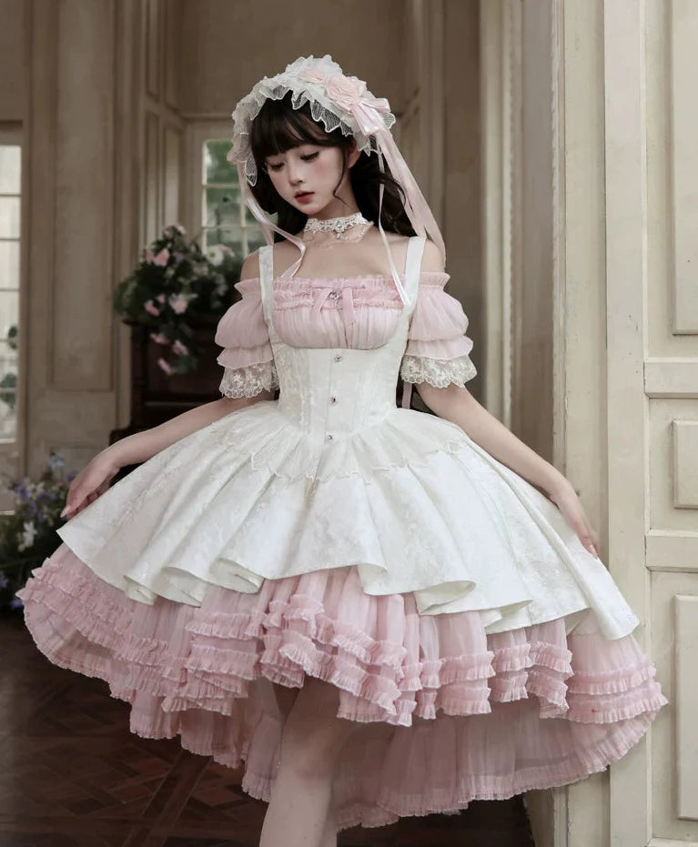 [pre-order Deadline: April 28] Pink X White Gothic Lolita Corset Layered Jsk Dress + Off-shoulder Lace Puff Top