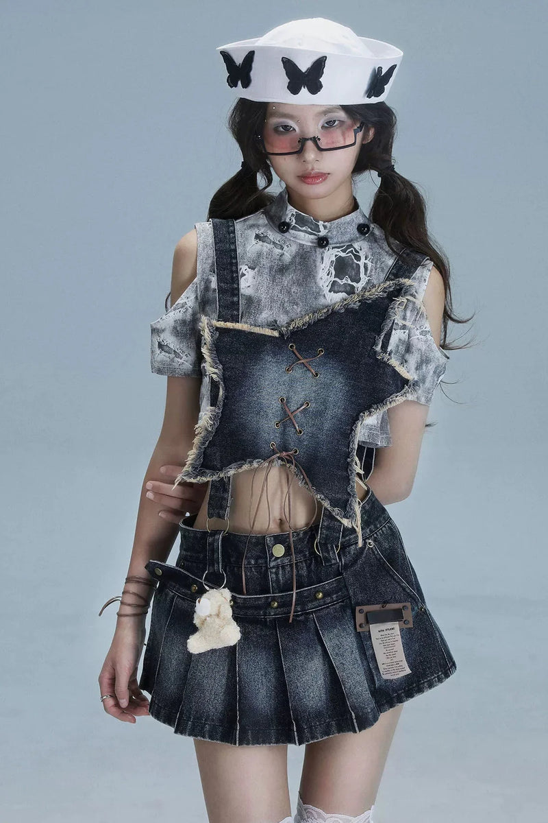 Y2k Star Denim Overall Skirt + Inner Top