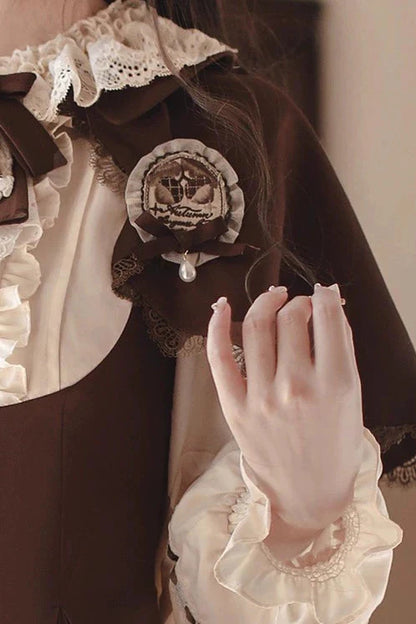 French Brown Lolita Dress + Cape + Beret + Badge