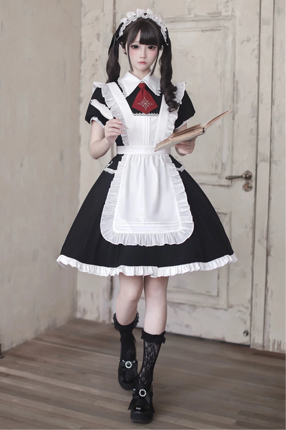 [pre-order Deadline: April 29] Black X White Gothic Lace Red Tie Collar Lolita Dress Type A/b