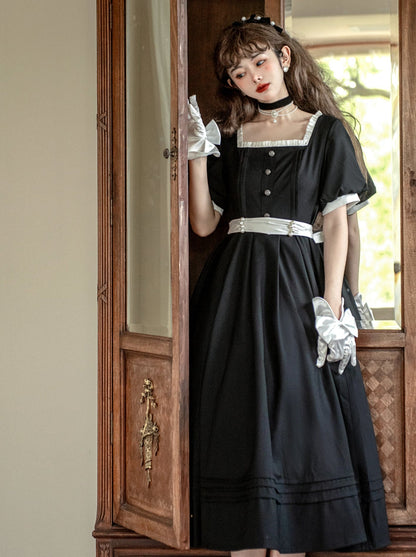 [pre-order] Black Square Collar French Retro Dress + Waist Ribbon + Black Ribbon Headband + Pearl Necklace