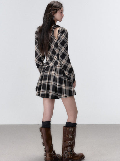 French Suspender Plaid Ribbon a Line Dress