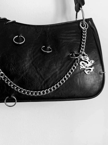 Retro Punk Metal Ring Chain Oil Wax Leather Bag