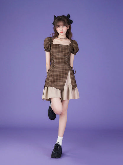 Pure Cool Design Coffee Color Plaid Dress
